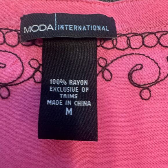 Moda International Embroidered Pink Long Sleeve Dress with Brown Trim Size M - Picture 4 of 15